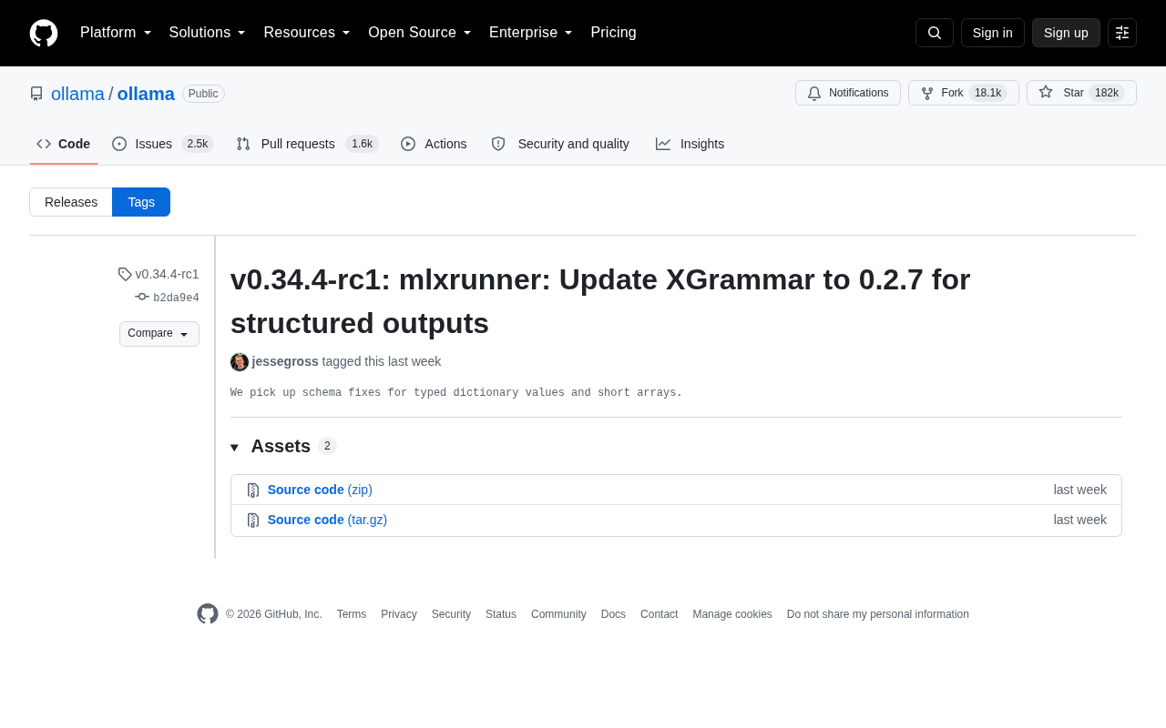 Ollama v0.34.4-rc1发布:升级XGrammar 0.2.7优化结构化输出