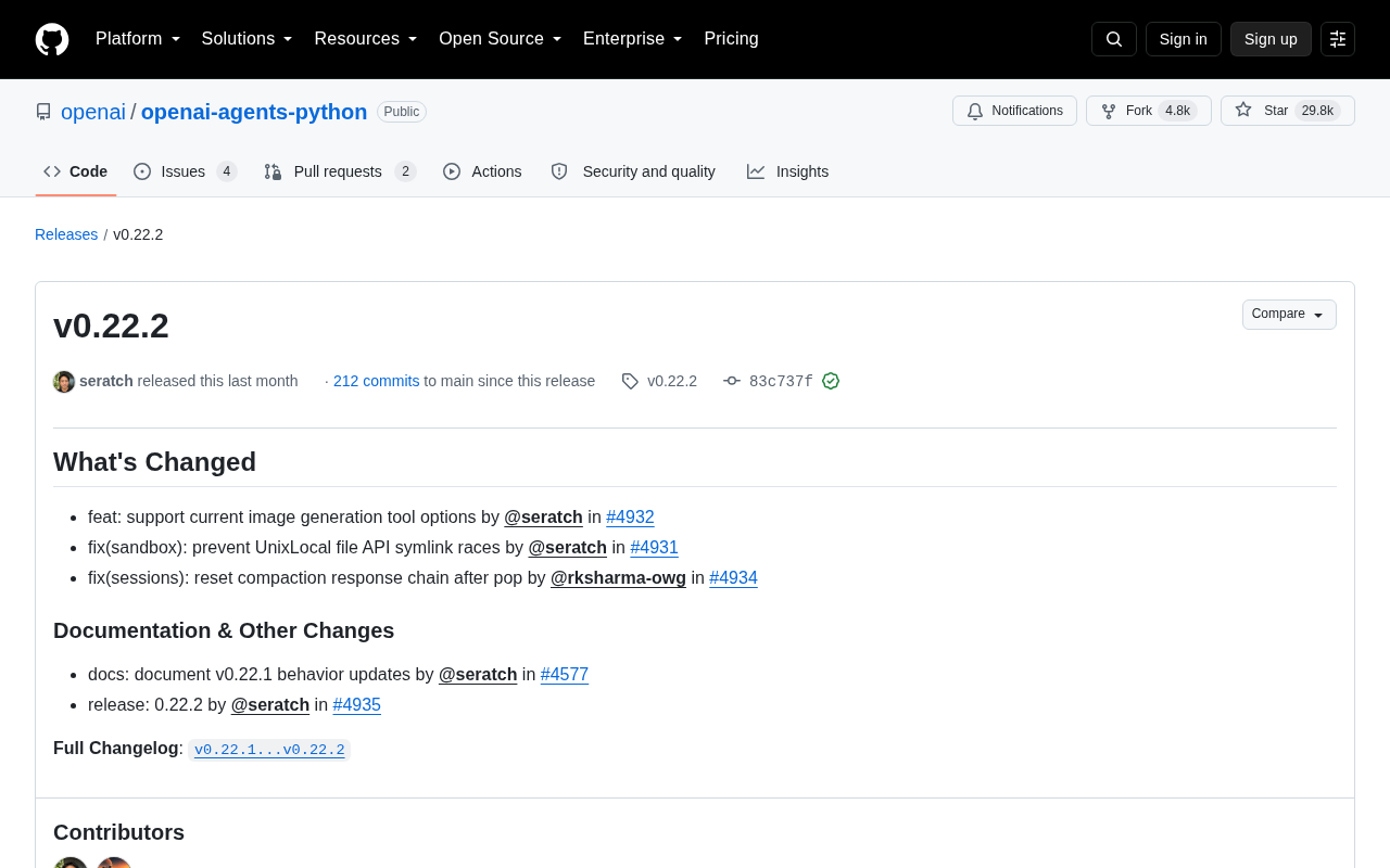 OpenAI Agents SDK v0.22.2 Released: Image Tool Options and Sandbox Security Fix
