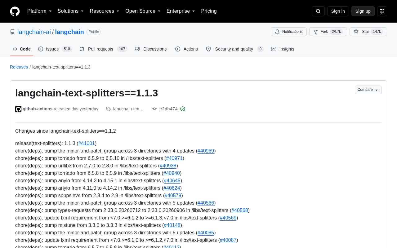 LangChain Text Splitters 1.1.3 发布:依赖升级与多语言分割修复