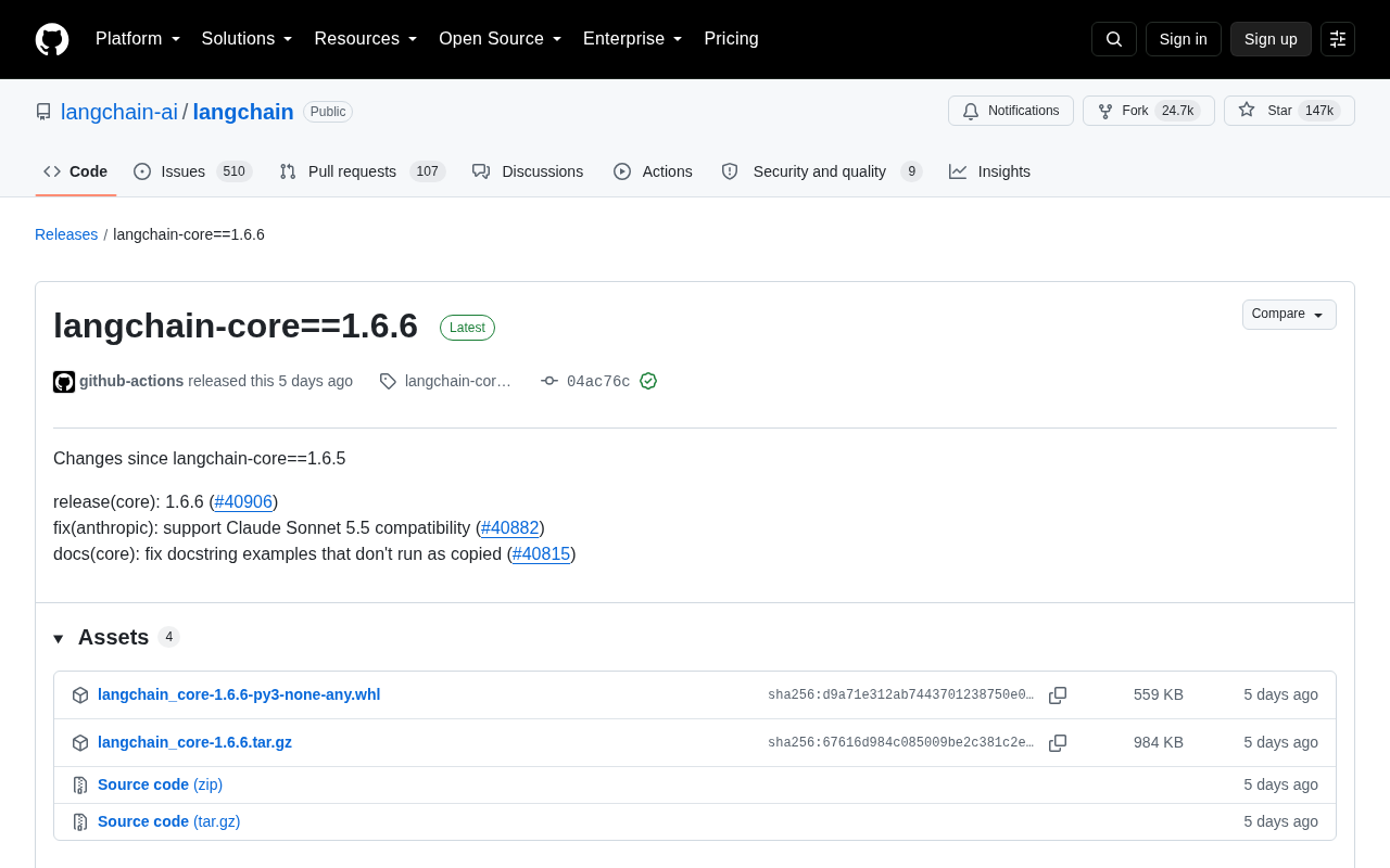 LangChain Core 1.6.6 Released: Claude Sonnet 5.5 Support and Documentation Fixes