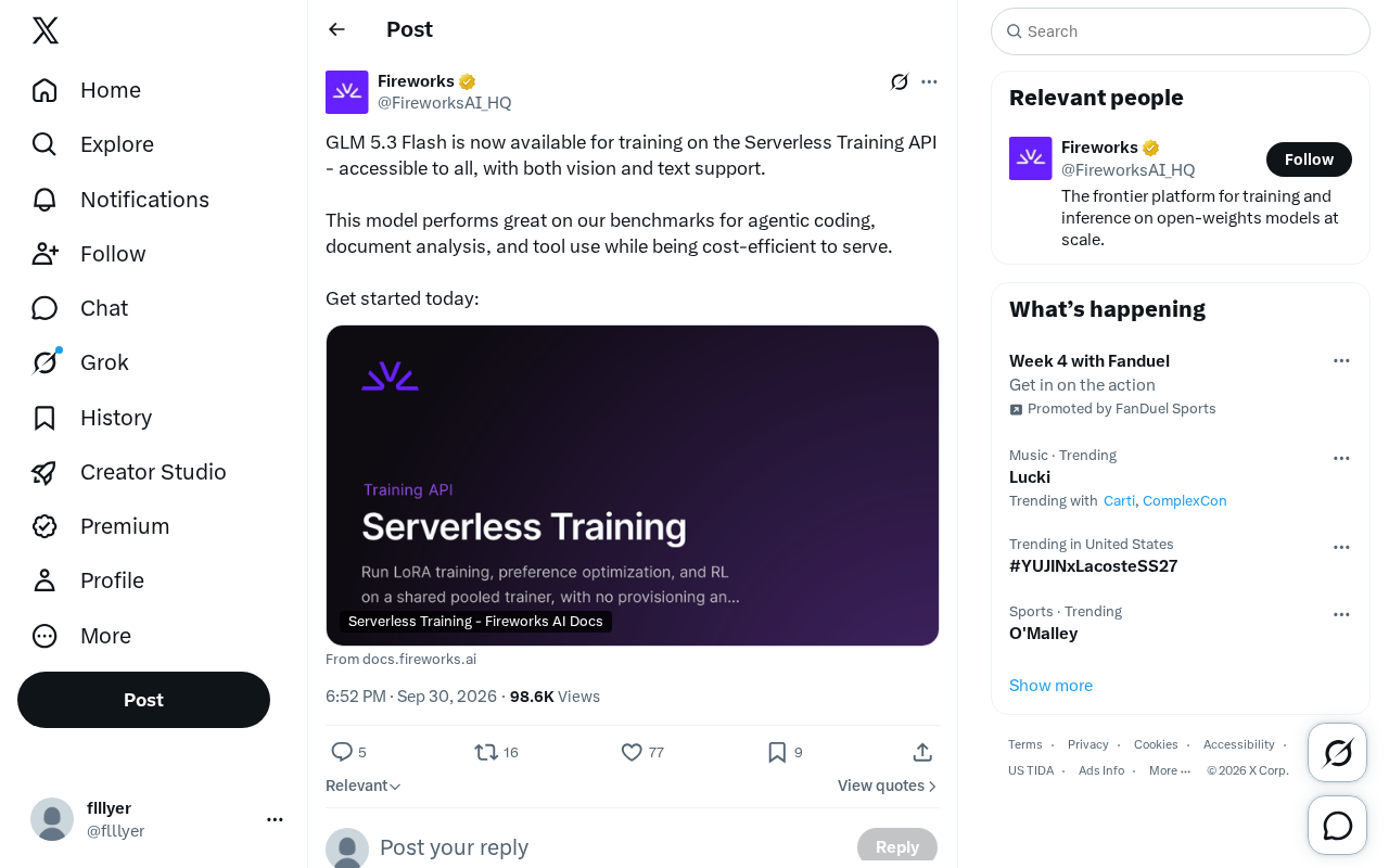 GLM 5.3 Flash Launches on Serverless Training API: Supports Vision and Text Fine-Tuning