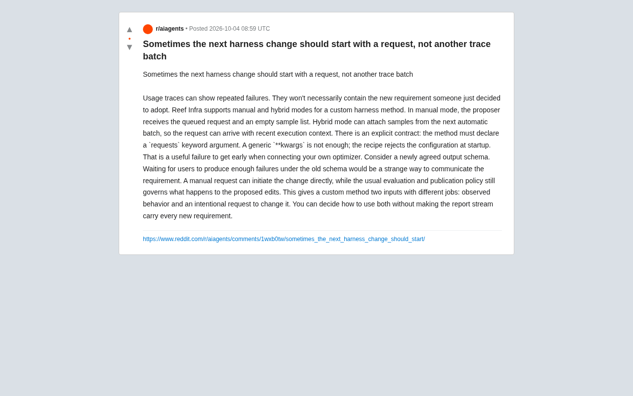 Reef Infra: Driving AI Optimizer Harness Changes with Explicit Requests