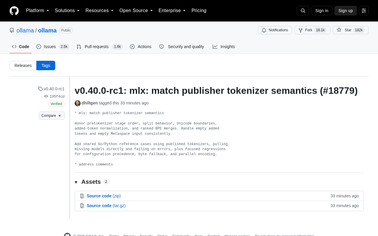 Ollama v0.40.0-rc1 发布:MLX 分词器对齐发布者语义