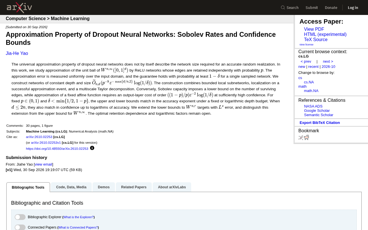 Approximation Theory for Dropout Neural Networks: Sobolev Rates and Confidence Bounds