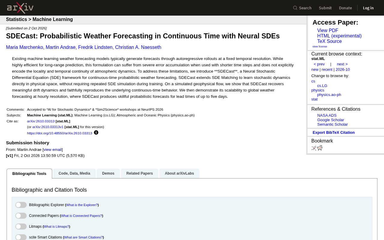 SDECast: Continuous-Time Weather Forecasting with Neural Stochastic Differential Equations