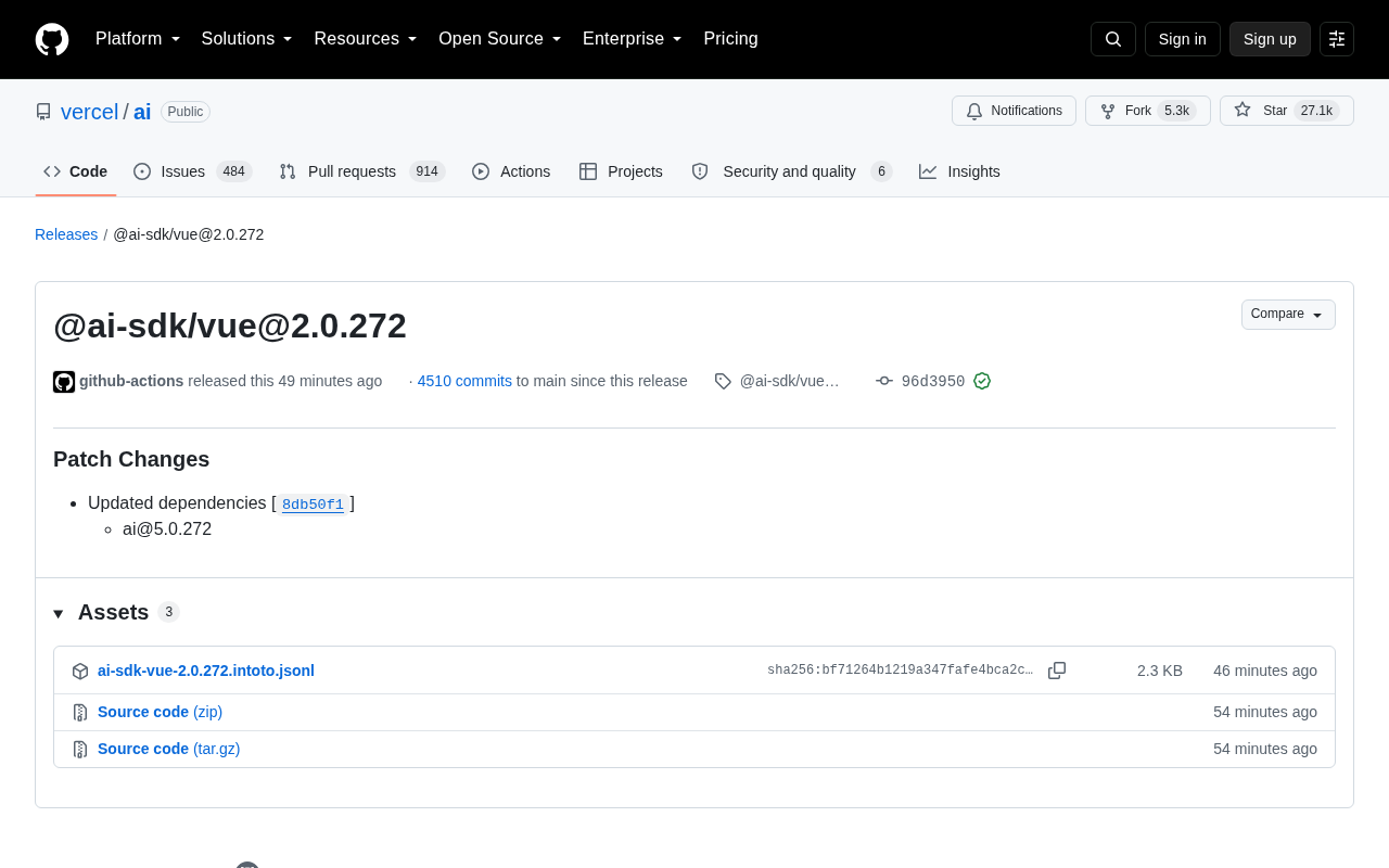 @ai-sdk/vue@2.0.272 Released: Dependency Sync Patch Update