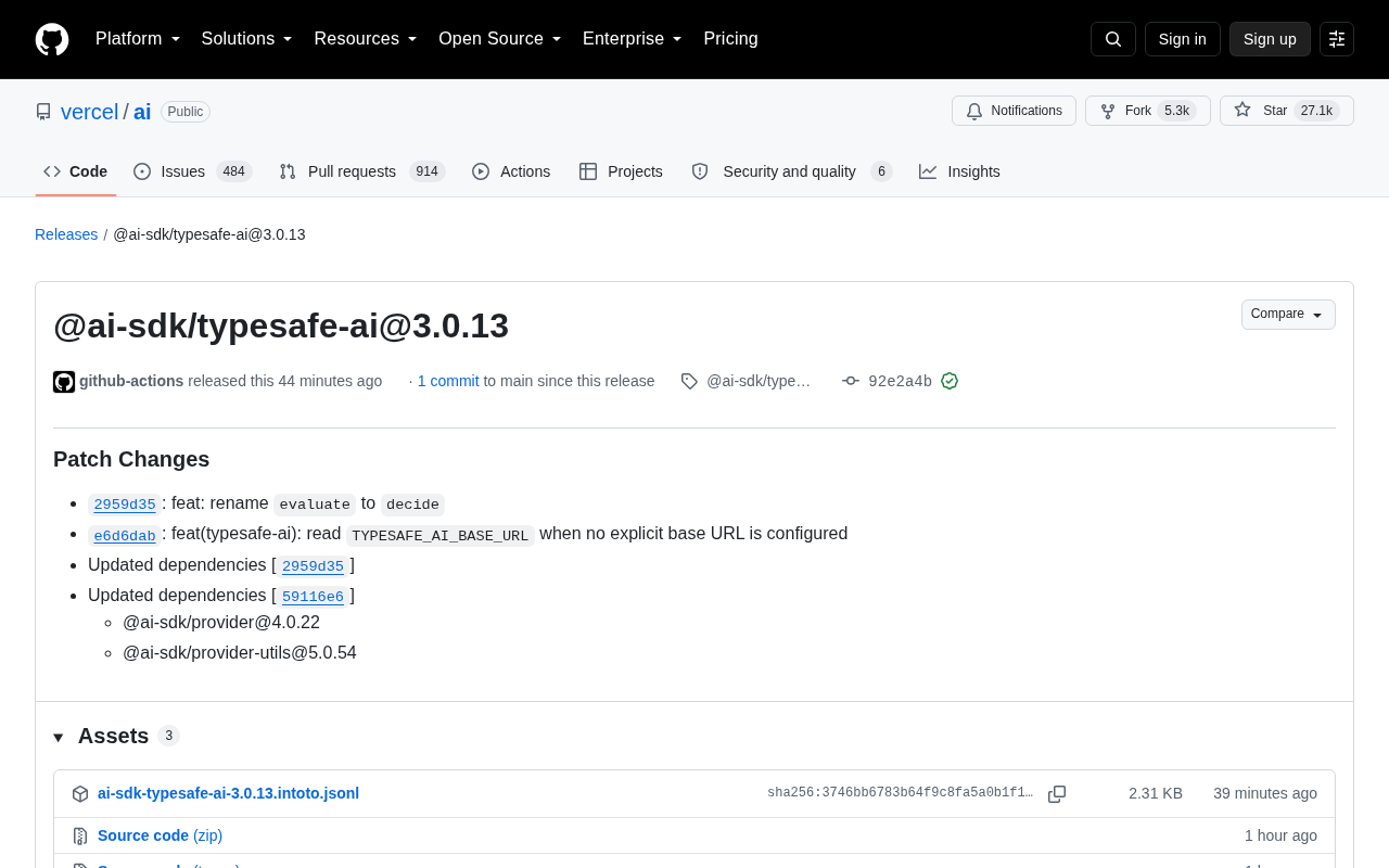 Vercel AI SDK 发布 @ai-sdk/typesafe-ai 3.0.13 补丁更新