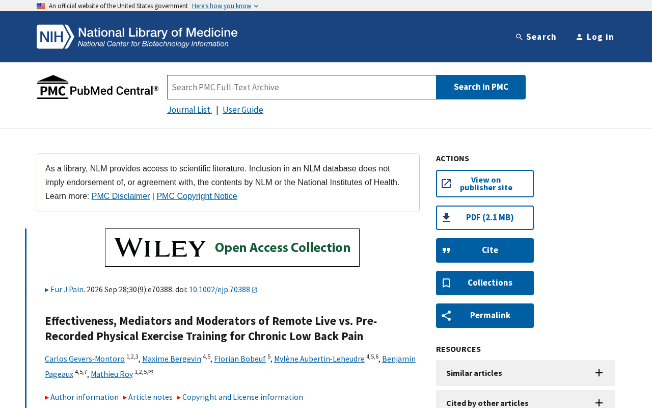 Remote Live vs. Pre-Recorded Video for Chronic Low Back Pain Exercise Training: An RCT Comparison
