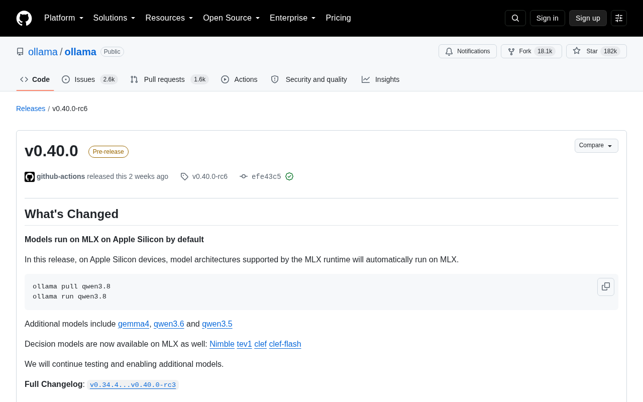 Ollama v0.40.0发布:Apple Silicon默认启用MLX加速