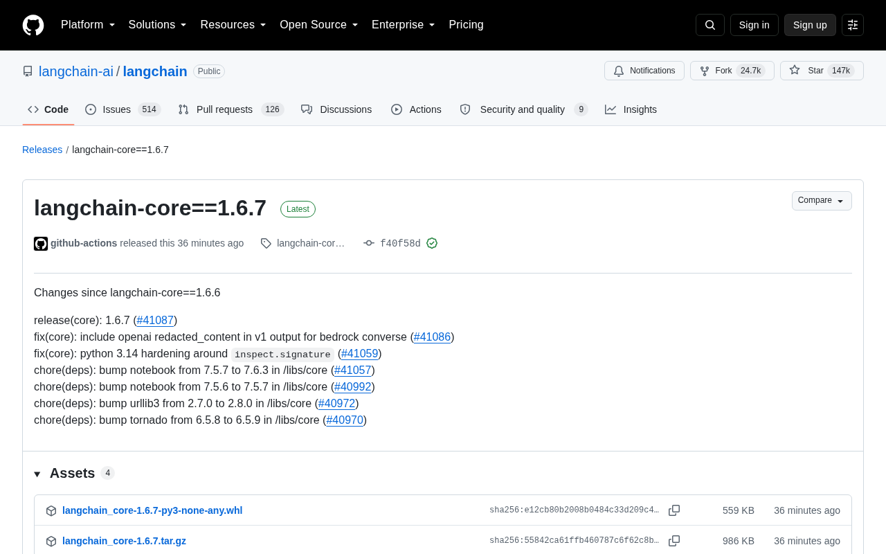 LangChain Core 1.6.7 发布:Python 3.14 兼容与Bedrock修复