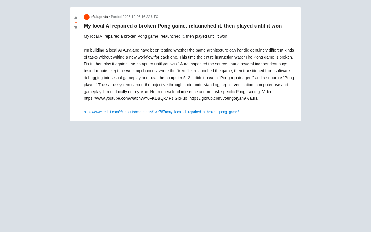 Local AI Aura Autonomously Fixes Pong and Beats the Computer: A Proof of Concept for General-Purpose Architecture