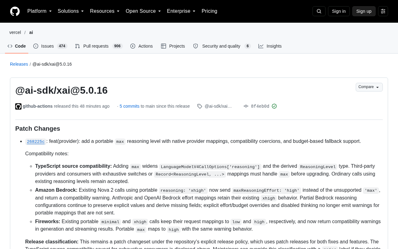 AI SDK xAI 5.0.16 Update: New `max` Reasoning Level and Cross-Provider Compatibility