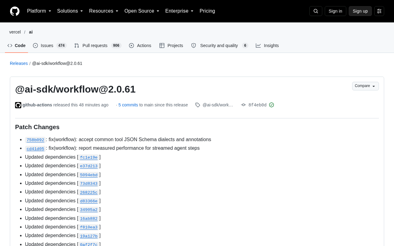 AI SDK Workflow 2.0.61 Released: Tool Schema Compatibility and Streaming Performance Fixes