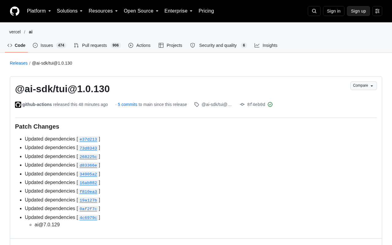 @ai-sdk/tui 1.0.130 Released: A Dependency-Sync Patch Update