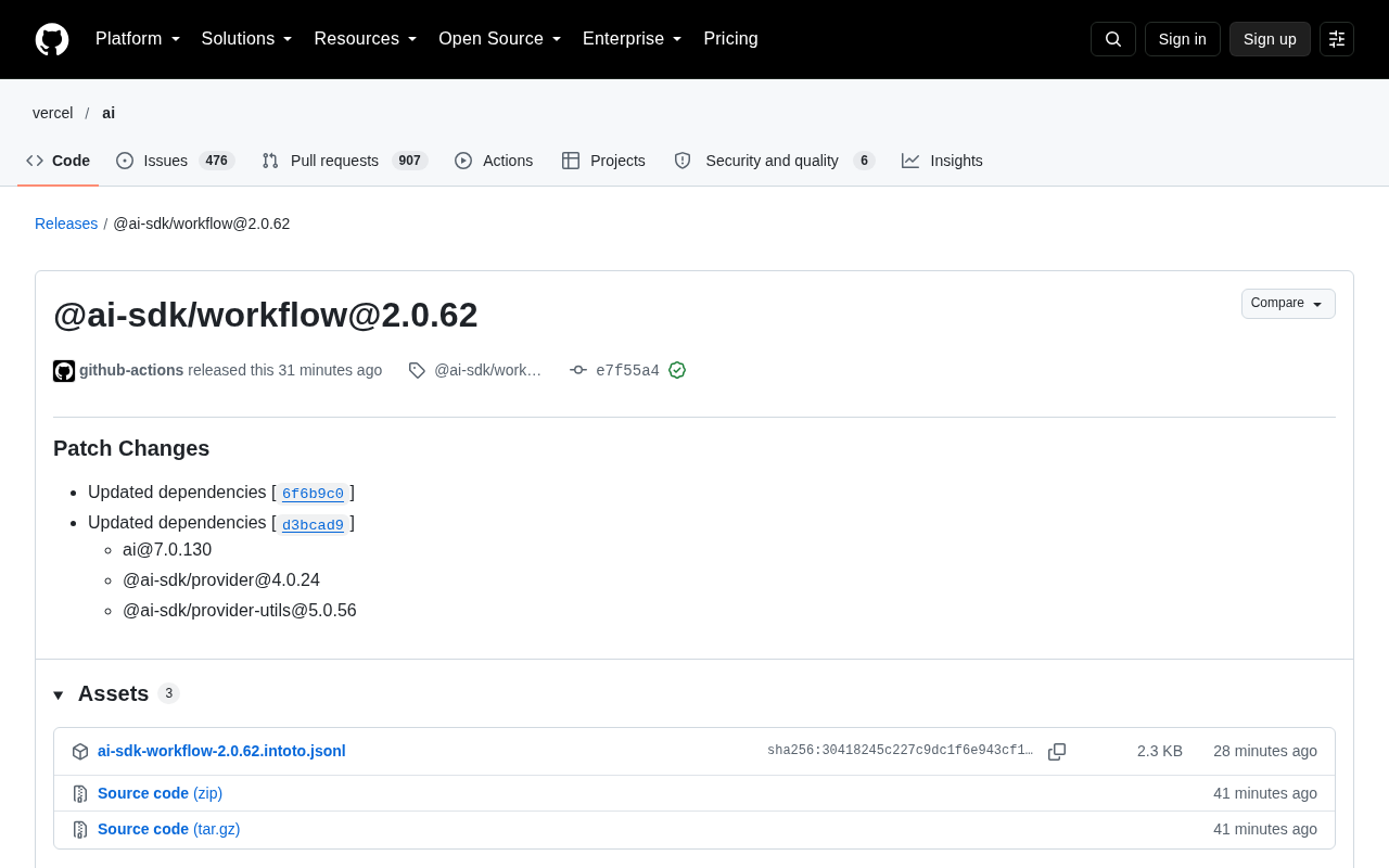 @ai-sdk/workflow 2.0.62 发布:依赖更新的补丁版本解析