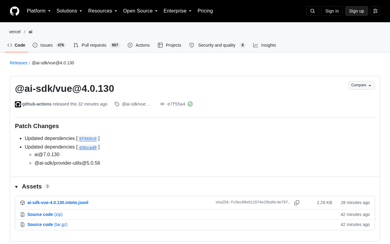 @ai-sdk/vue@4.0.130 发布:依赖更新的补丁版本