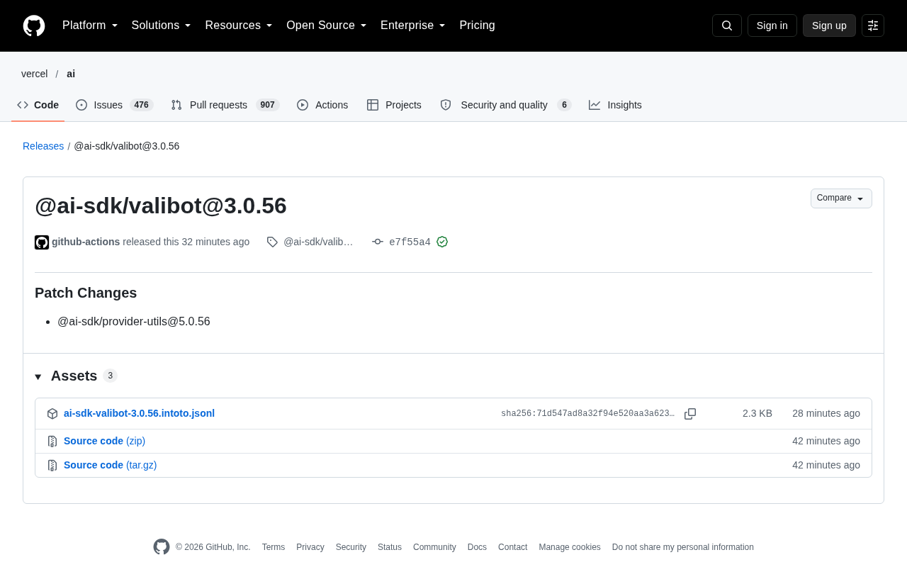 @ai-sdk/valibot 3.0.56 发布:一次常规补丁更新