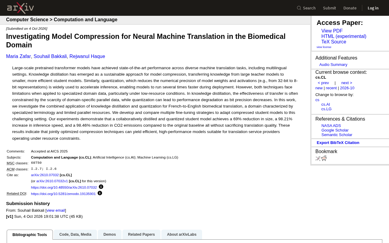 Biomedical Translation Model Compression: 69% Smaller, 98% Faster Inference