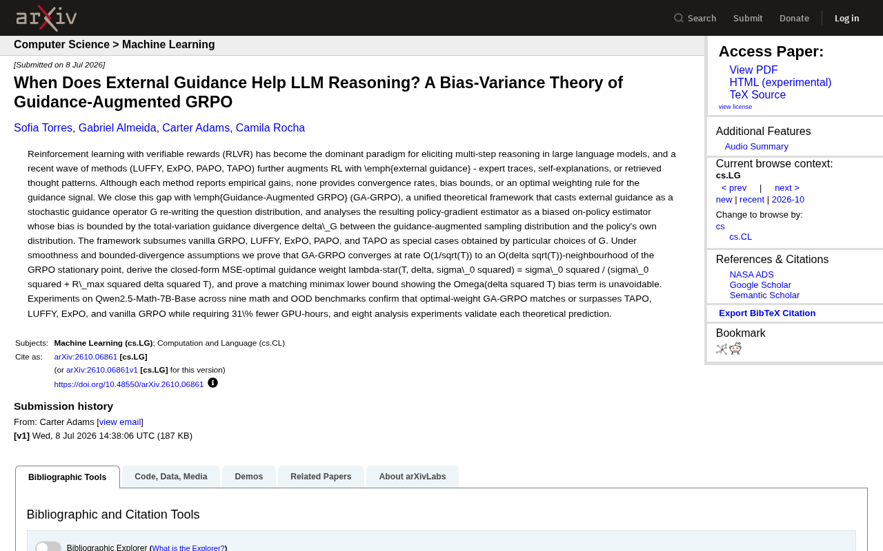 When Does External Guidance Actually Help LLM Reasoning? The Bias-Variance Theory Behind GA-GRPO