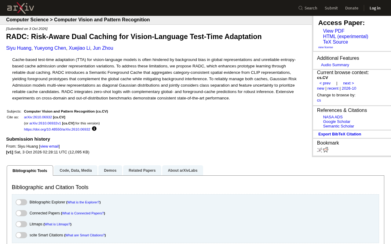 RADC: Risk-Aware Dual Caching for Test-Time Adaptation in Vision-Language Models