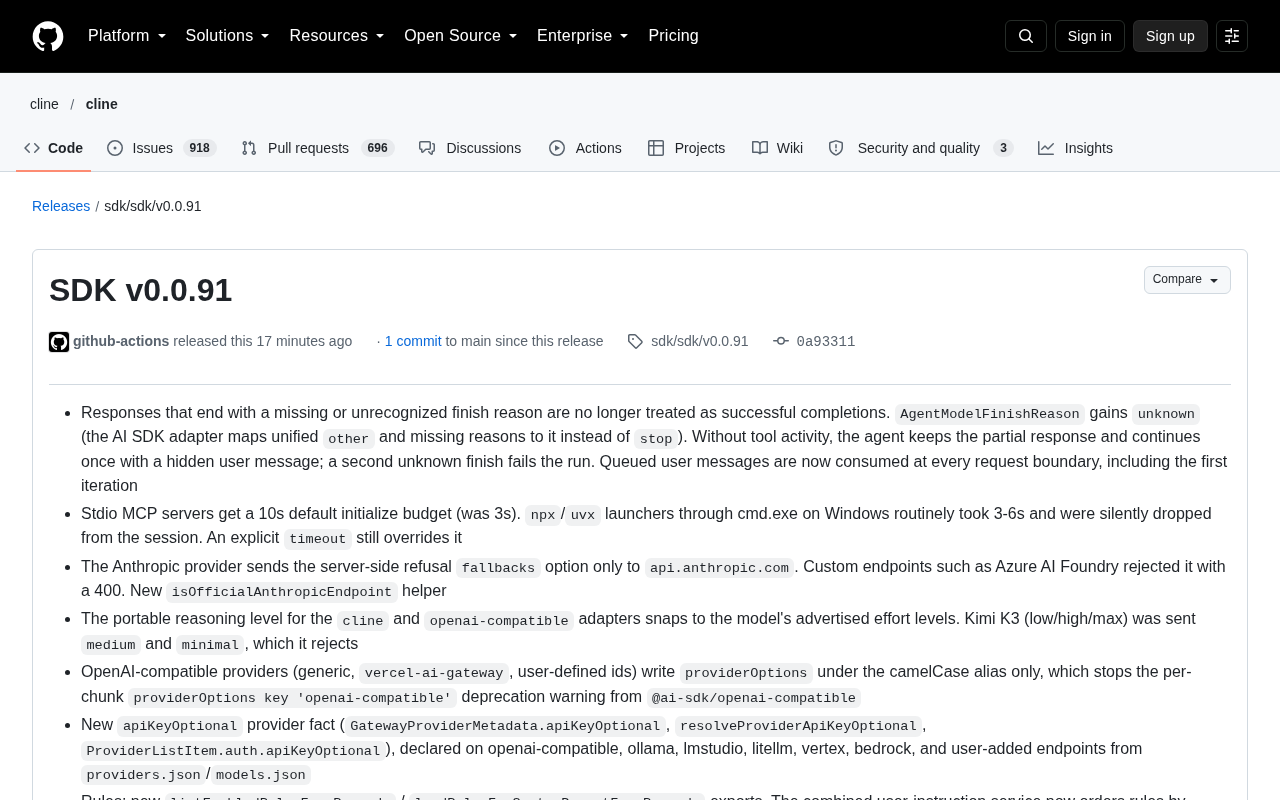 Cline SDK v0.0.91 更新解析:修复 Agent 完成判定与多项适配器优化