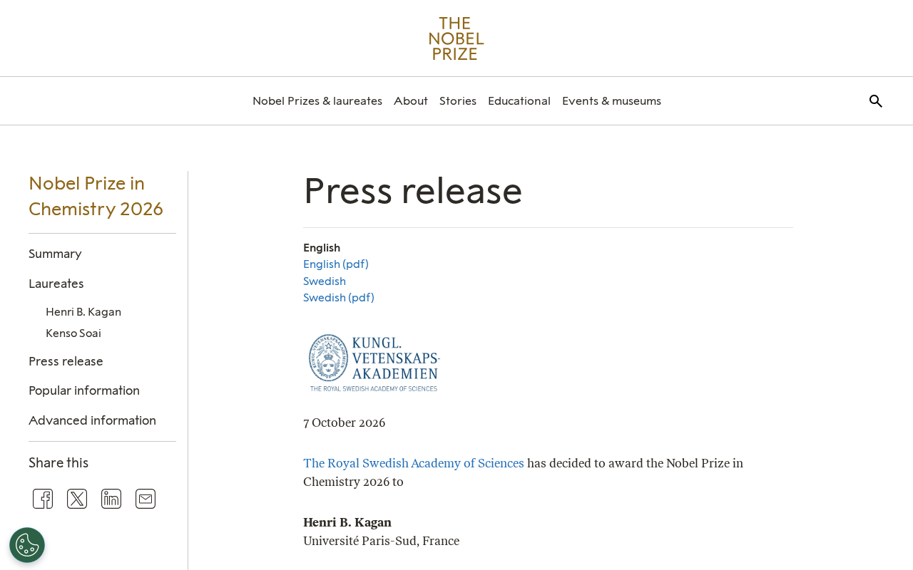 2026 Nobel Prize in Chemistry Awarded to Kagan and Soai