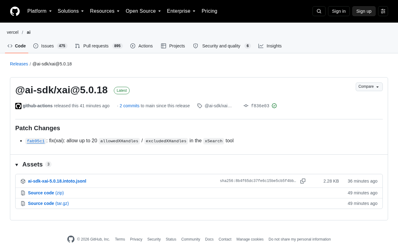 @ai-sdk/xai 5.0.18 Released: xSearch Tool Now Supports Up to 20 X Account Filters
