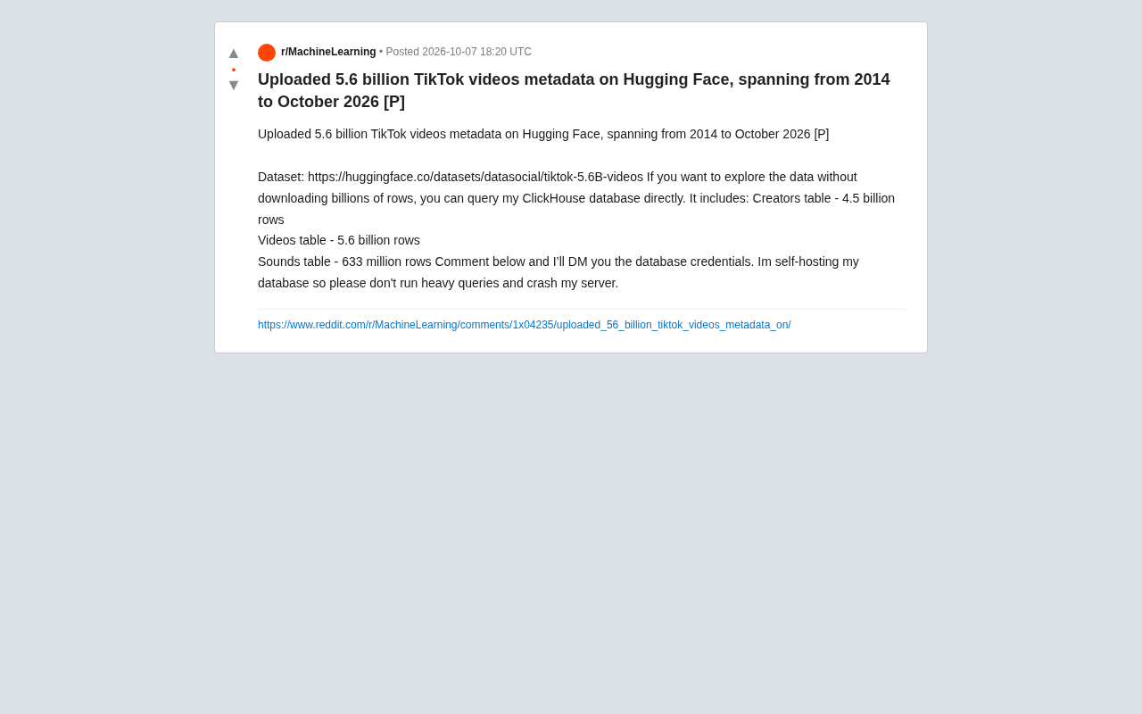 5.6 Billion TikTok Video Metadata Records Open-Sourced on Hugging Face