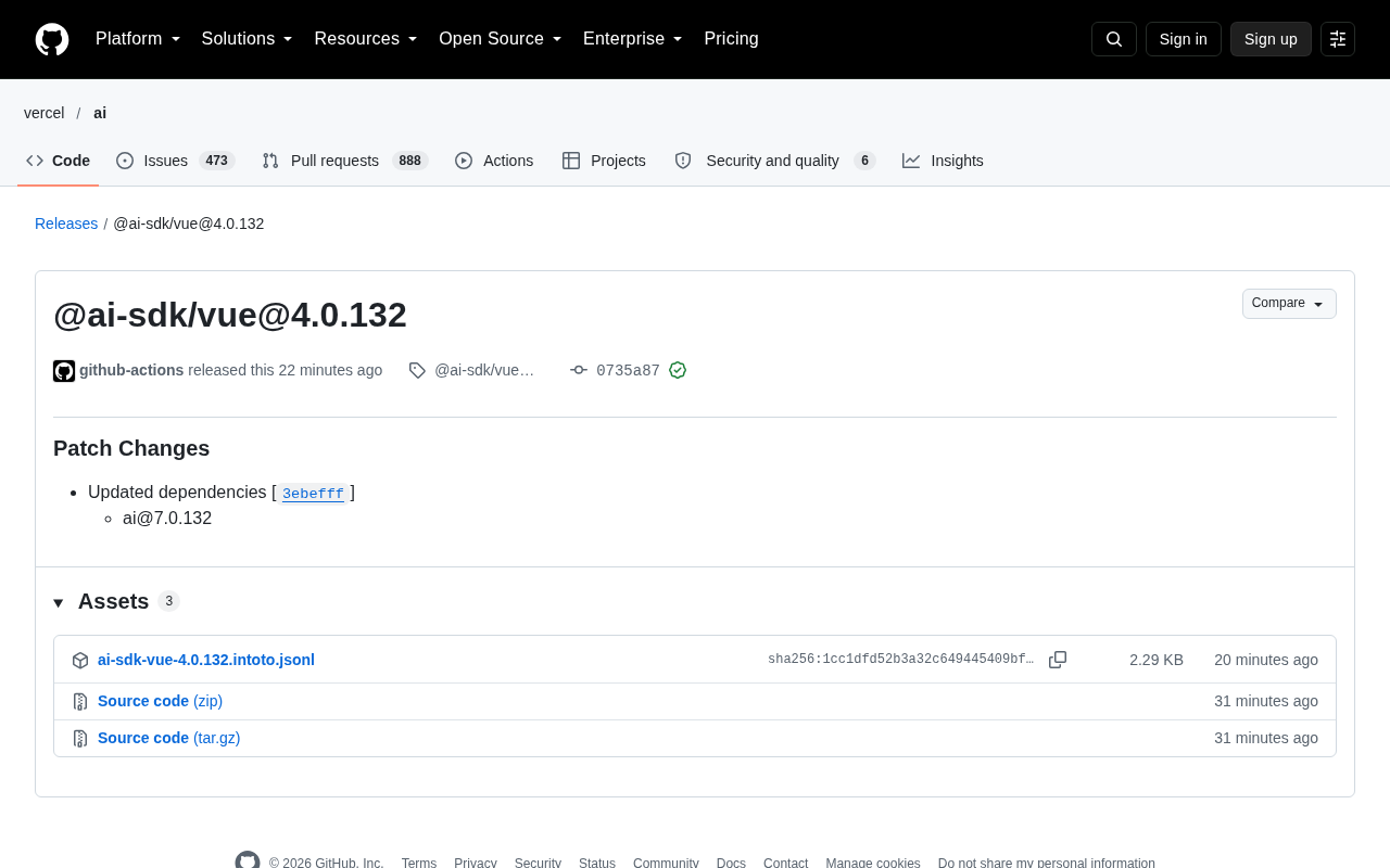 @ai-sdk/vue 4.0.132 发布:依赖同步更新解析