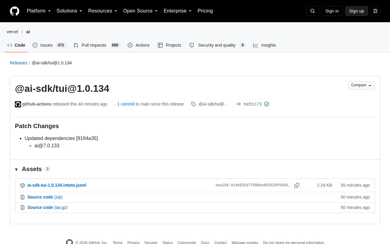 @ai-sdk/tui 1.0.134 发布:依赖同步更新的补丁版本