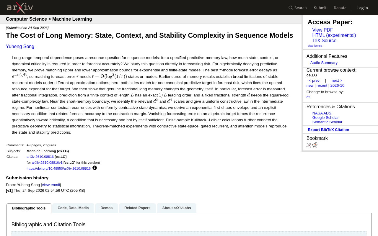 The Cost of Long-Range Memory: State, Context, and Stability Complexity in Sequential Models