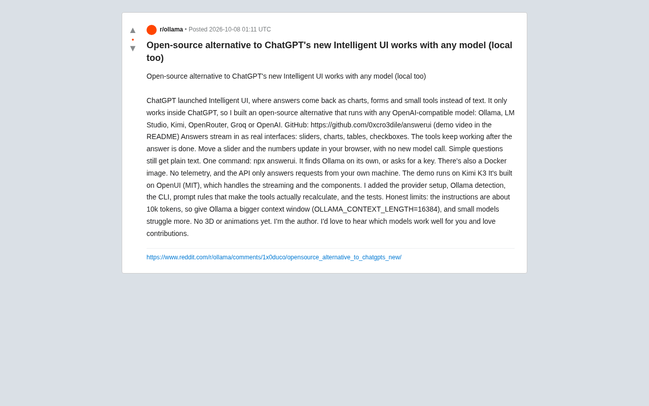 AnswerUI: An Open-Source Alternative to ChatGPT's Intelligent UI, Works with Any Local Model