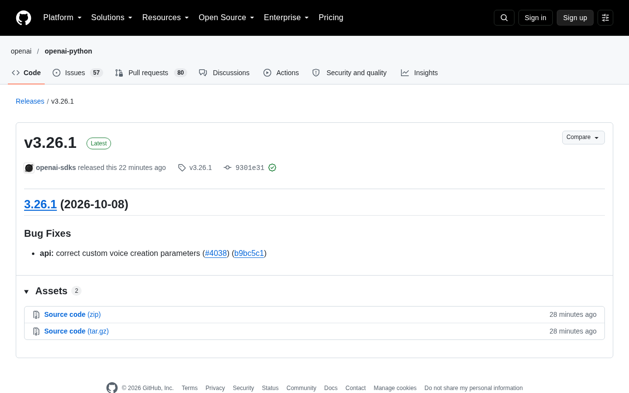 OpenAI SDK v3.26.1 发布:修复自定义语音创建参数