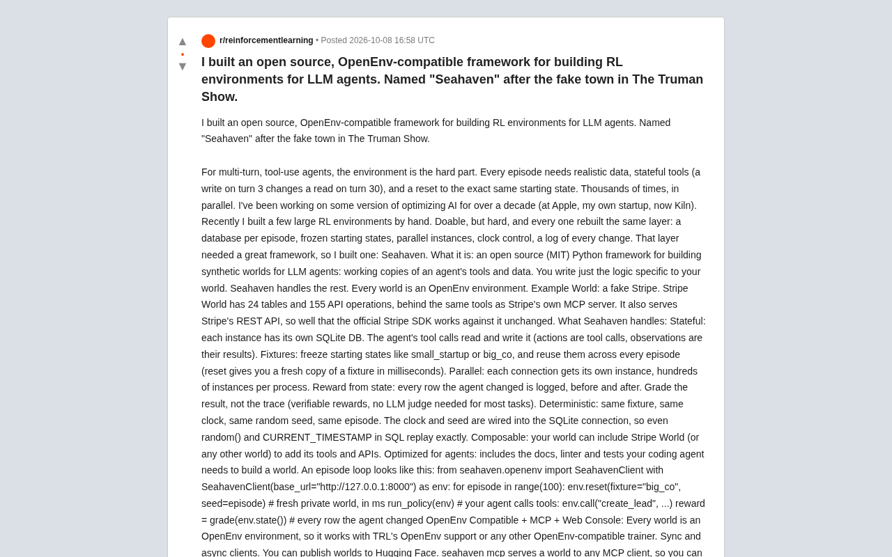 Seahaven: An Open-Source Framework for Building RL Training Environments for LLM Agents