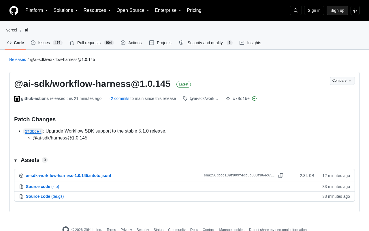 @ai-sdk/workflow-harness 1.0.145 发布:升级至 Workflow SDK 5.1.0 稳定版