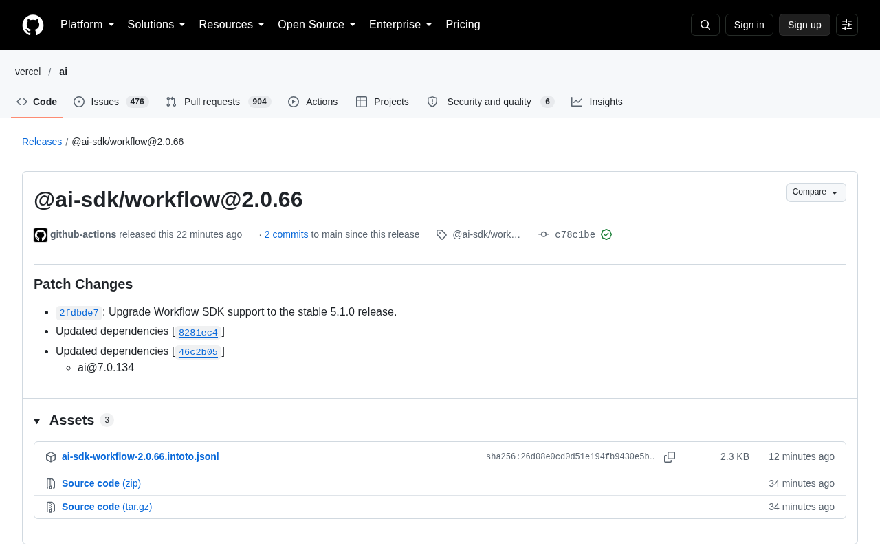 AI SDK Workflow 2.0.66 发布:升级至稳定版 5.1.0