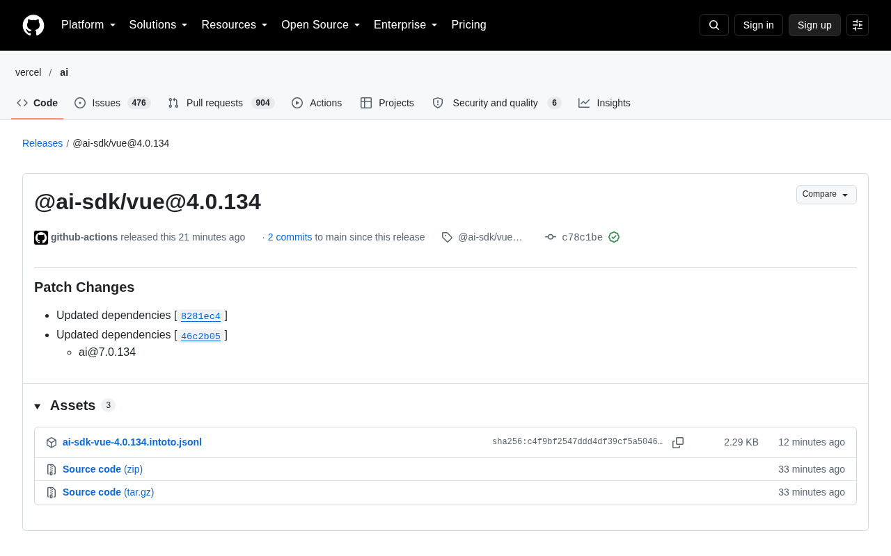 @ai-sdk/vue 4.0.134 发布:Vue 版 AI SDK 迭代更新
