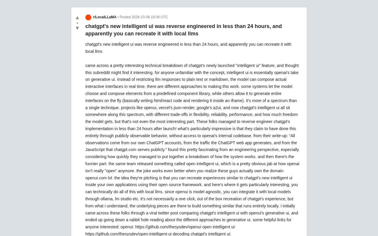 ChatGPT's Intelligent UI Reverse-Engineered in 24 Hours — Open-Source Version Works with Local Models