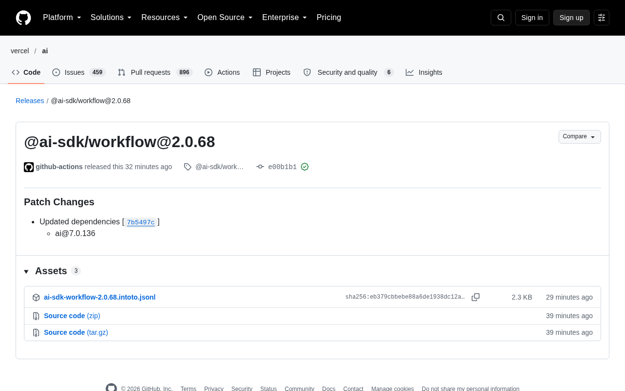 @ai-sdk/workflow 2.0.68 Released: Dependency Updated to ai@7.0.136