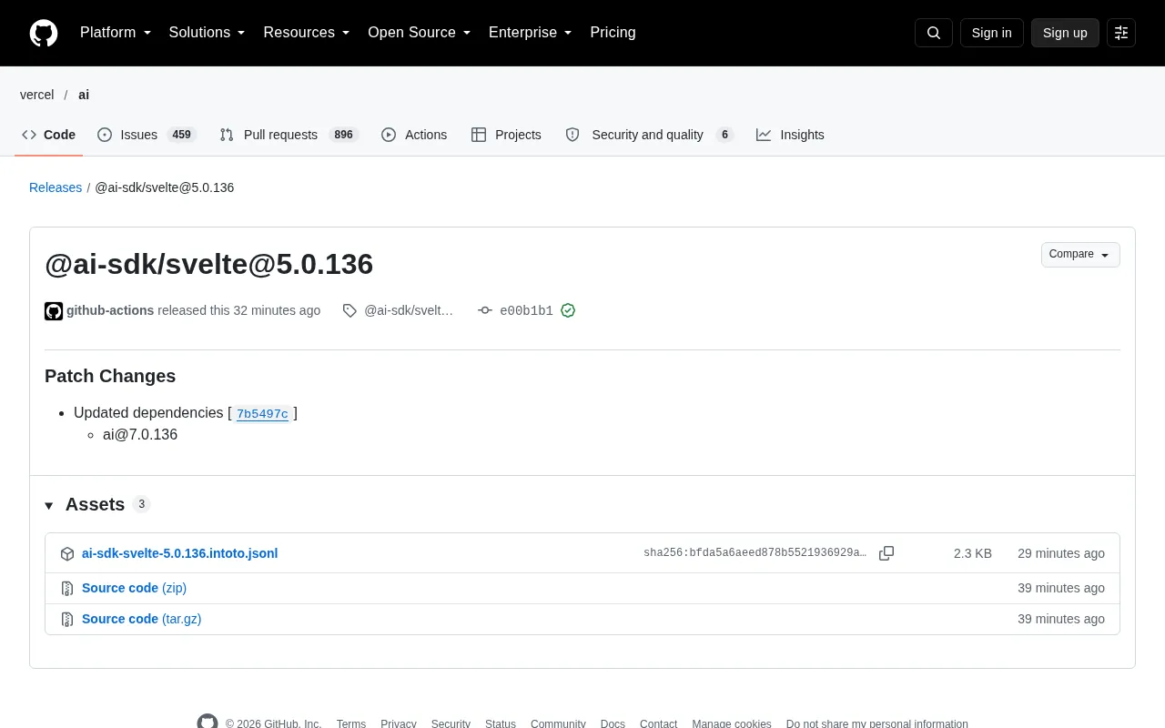 @ai-sdk/svelte 5.0.136 发布:依赖更新补丁版本解析