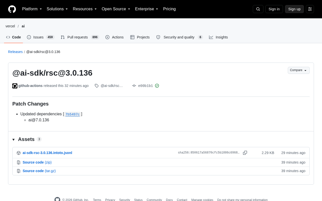 @ai-sdk/rsc@3.0.136 发布:依赖升级的常规补丁更新