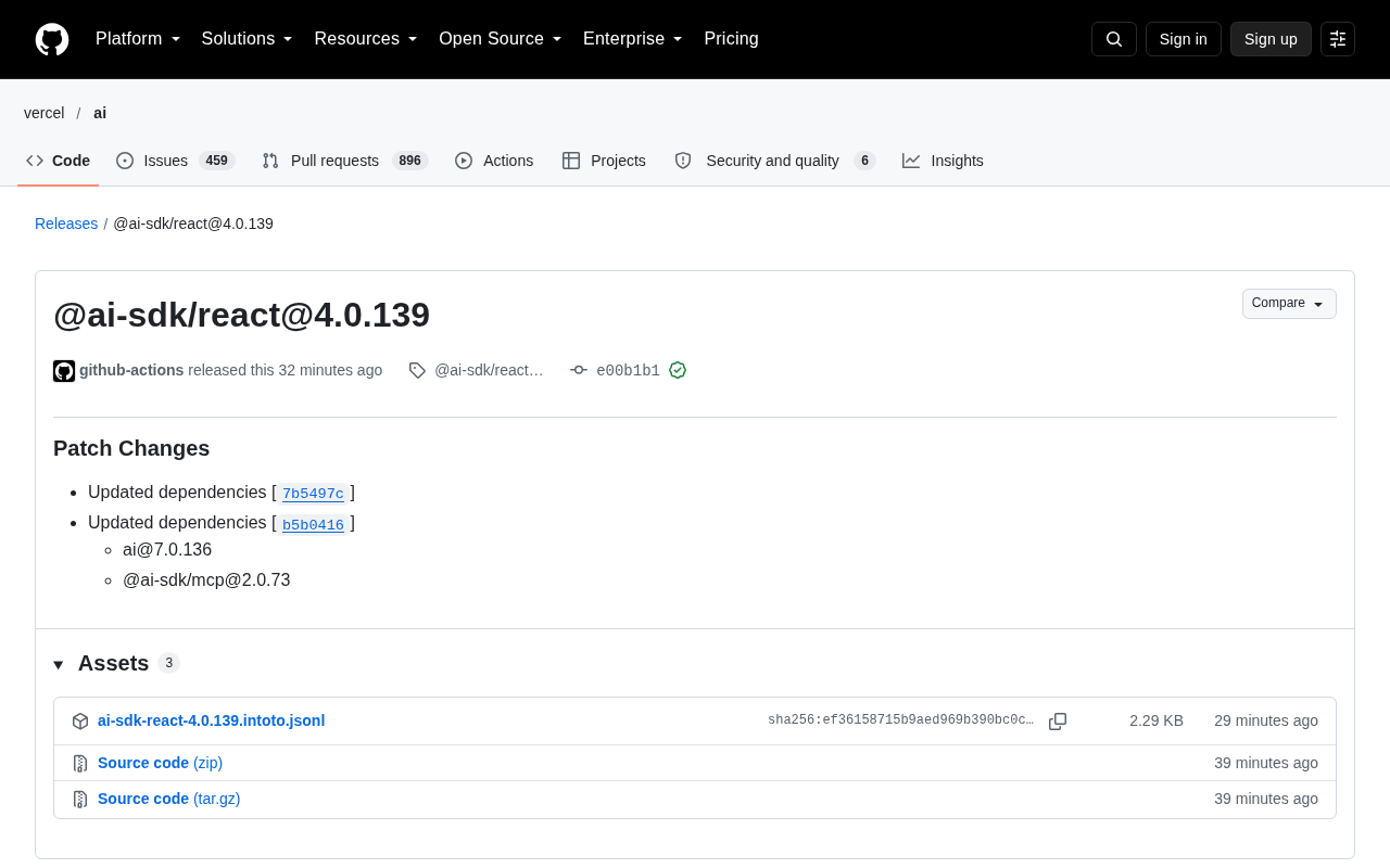 @ai-sdk/react 4.0.139 Released: Dependency Updates and Patch Maintenance
