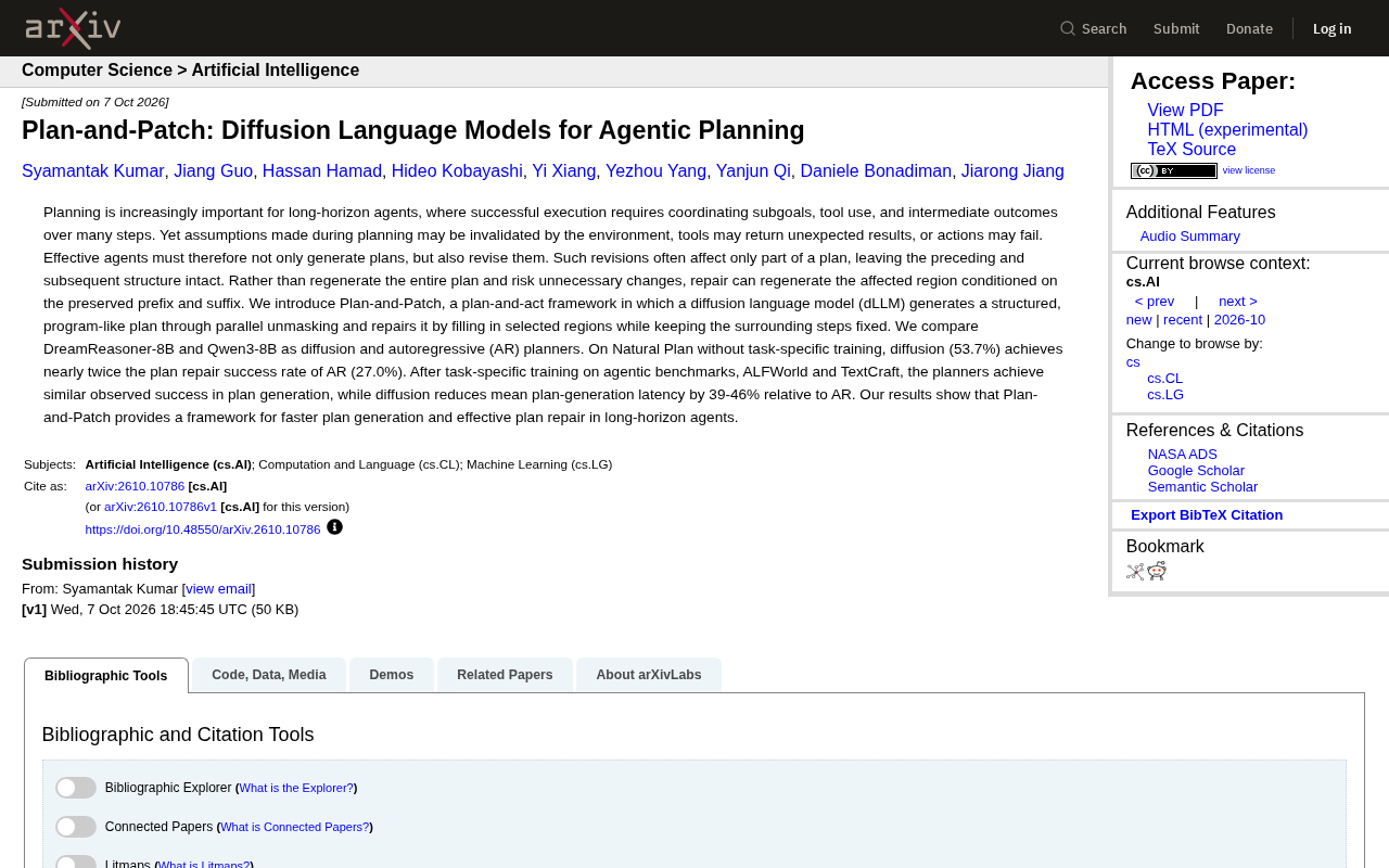 Plan-and-Patch: Agentic Planning and Local Repair with Diffusion Language Models