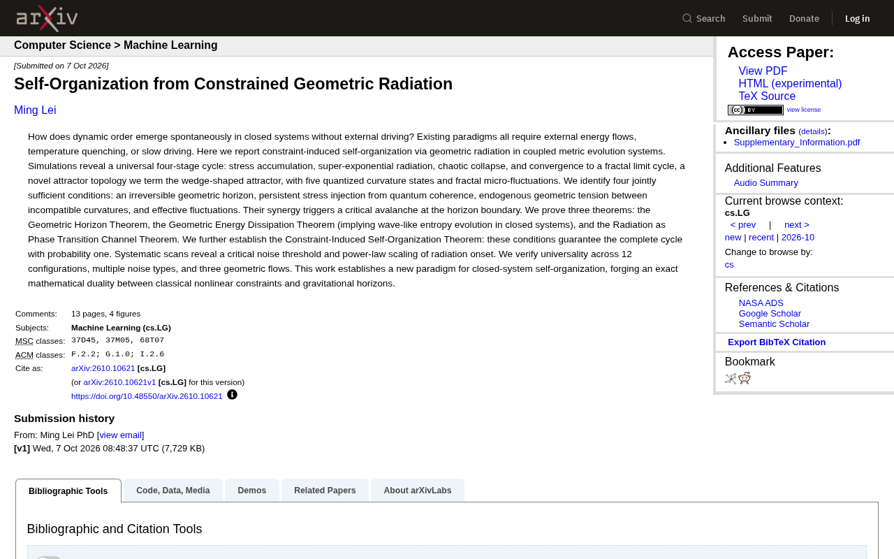Constrained Geometric Radiation: A New Paradigm for Self-Organization in Closed Systems