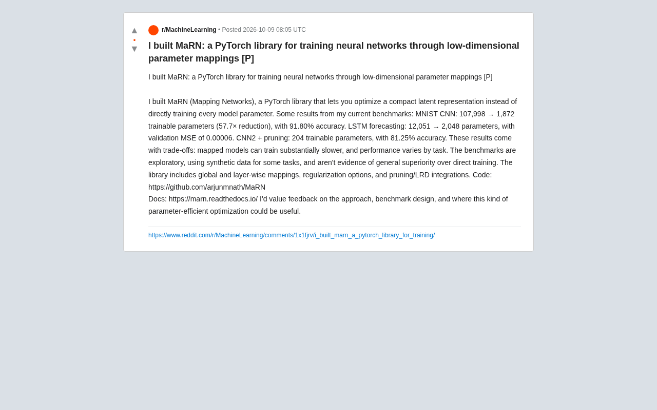 MaRN Open Source: A PyTorch Library for Training Neural Networks with Low-Dimensional Parameter Mapping