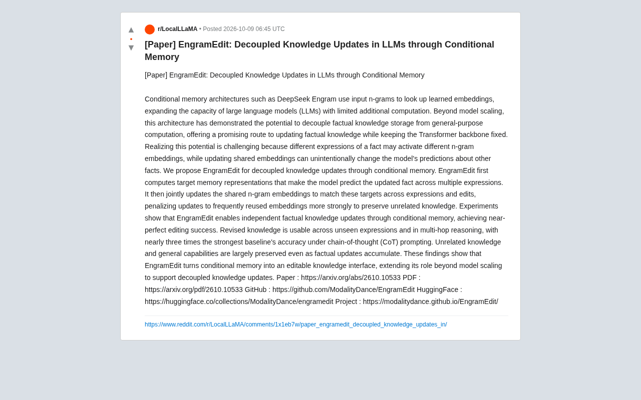 EngramEdit: Decoupled Knowledge Updates in LLMs via Conditional Memory