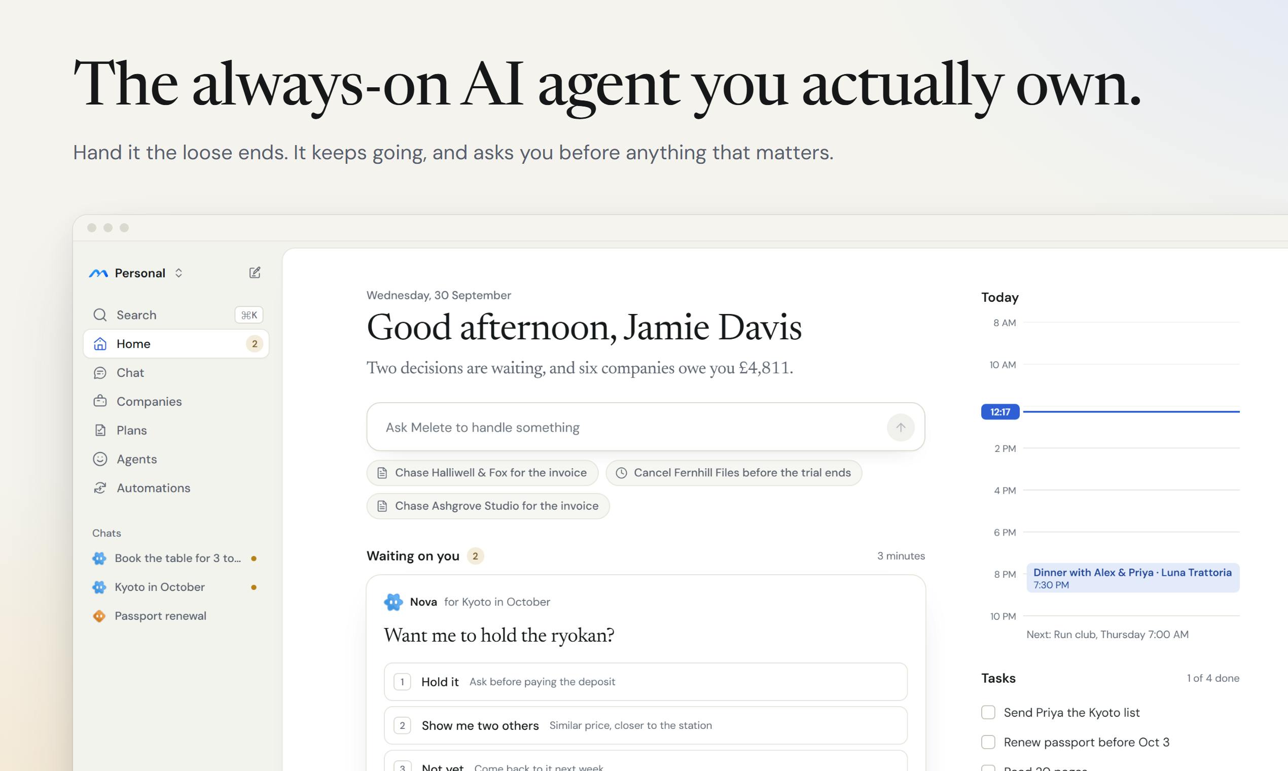 Melete: An Always-On Personal AI Agent With Its Own Computer