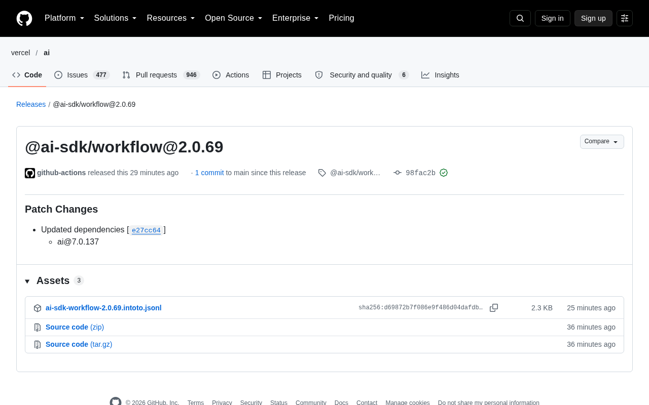@ai-sdk/workflow 2.0.69 发布:依赖更新补丁版本解析