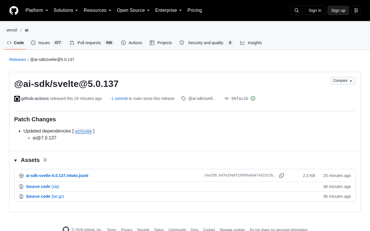 @ai-sdk/svelte 5.0.137 发布:依赖更新的小版本迭代