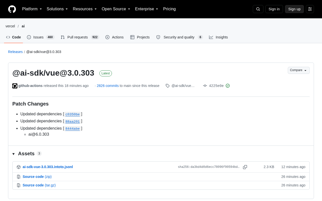 @ai-sdk/vue 3.0.303 Released: A Dependency-Sync Patch Update
